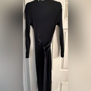 ZARA Ribbed Knit Midi Dress with Structured Cotton Belt Detail, Black, Size M
